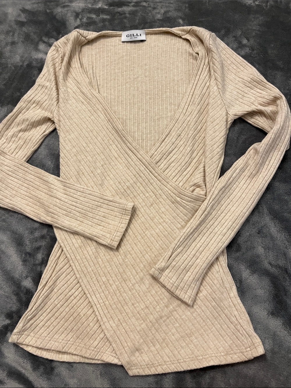 Gilli Ribbed Wrap-Front Long Sleeve Top in Beige